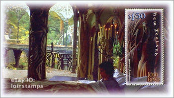 1.30 dollar stamp design: Unaware of having been on the brink of death, Frodo regains consciousness in Rivendell