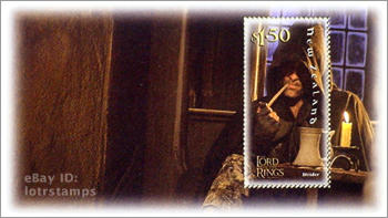 1.50 dollar stamp design: Aragorn watches over the hobbits in the Inn of the Prancing Pony