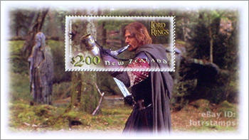 2.00 dollar stamp design: Boromir warns The Fellowship of maurading Uruk-Hai raiders