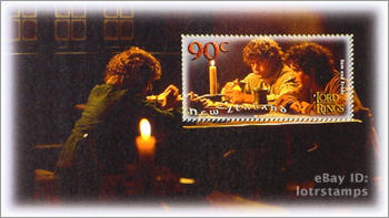 90 cent stamp design: Frodo and friends enjoy light refreshment at the Inn of the Prancing Pony, Bree